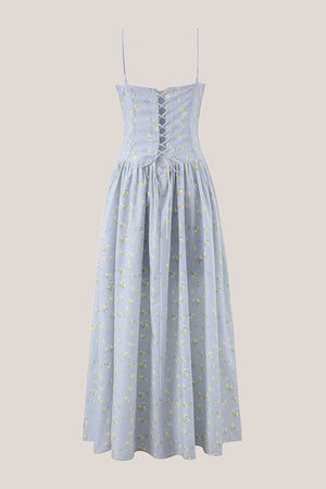 Spaghetti Straps Vintage Rose Printed Cotton Midi Dress in Blue– SHE IS ME Dresses