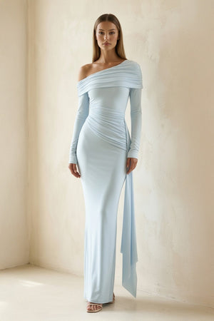 Spandex Ruched Maxi Dress with Drape in Sky Blue - SHE IS ME Prom Dresses