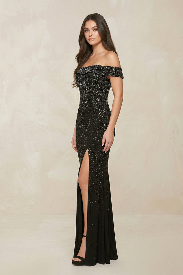 Sparkly Beaded Sheath Off - the - Shoulder Wedding Dress in Black - SHE IS ME Wedding Dresses