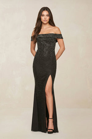 Sparkly Beaded Sheath Off - the - Shoulder Wedding Dress in Black - SHE IS ME Wedding Dresses