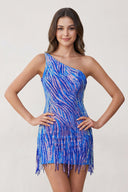 Blue Sparkly One Shoulder Sequins Mini Party Dresses with Fringes  - SHEISME