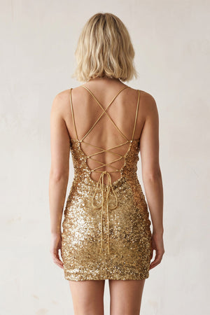 Golden Sparkly Bodycon Spagehetti Straps Sequins Lace-up Back Mini Party Dresses - SHEISME