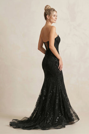 Sparkly Lace Appliqued Sweetheart Mermaid Long Prom Dress in Black - SHE IS ME Prom Dresses
