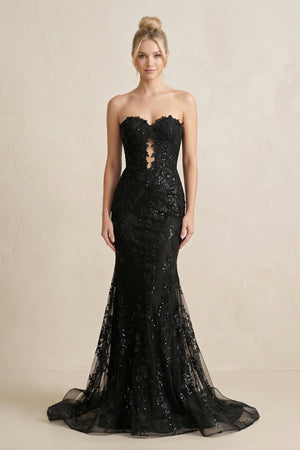 Sparkly Lace Appliqued Sweetheart Mermaid Long Prom Dress in Black - SHE IS ME Prom Dresses