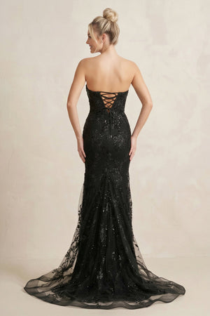 Sparkly Lace Appliqued Sweetheart Mermaid Long Prom Dress in Black - SHE IS ME Prom Dresses