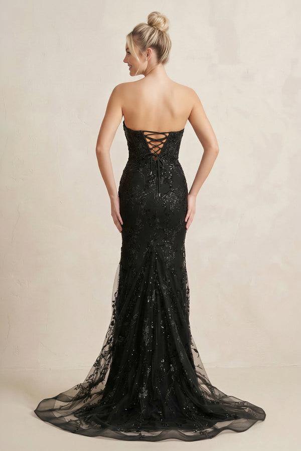 Sparkly Lace Appliqued Sweetheart Mermaid Long Prom Dress in Black - SHE IS ME Prom Dresses