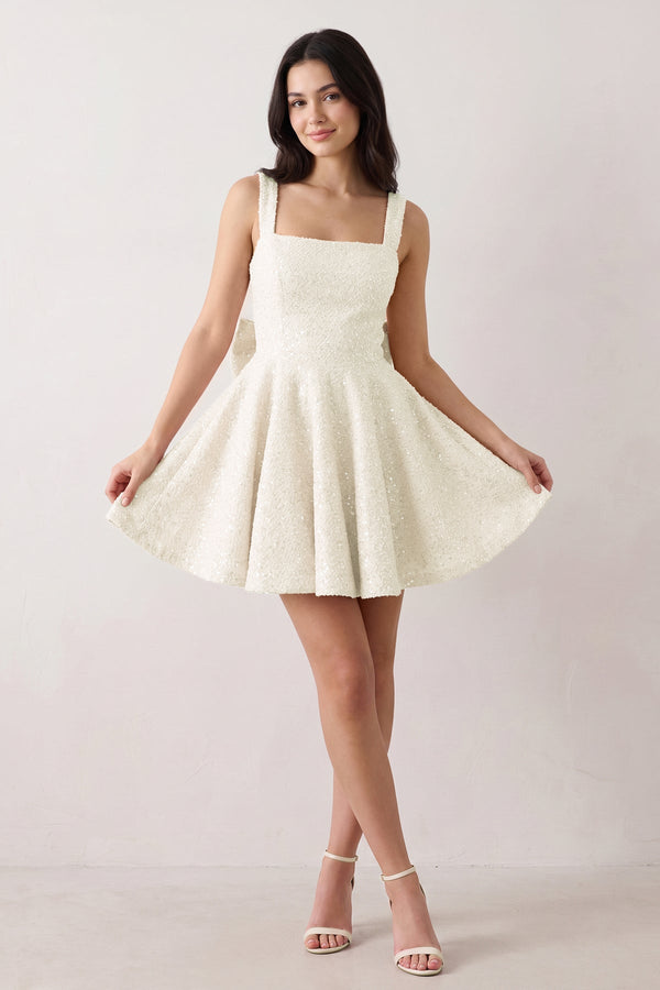 Ivory Sparkly Square Neck A-Line Sequin Ruched Homecoming Dress with Bow (3) | SHEISME