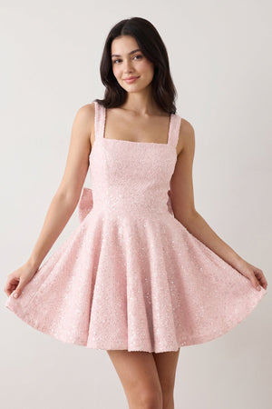 Pink Sparkly Square Neck A-Line Sequin Ruched Homecoming Dress with Bow | SHEISME
