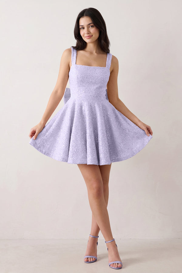 Lavender Sparkly Square Neck A-Line Sequin Ruched Homecoming Dress with Bow (3) | SHEISME
