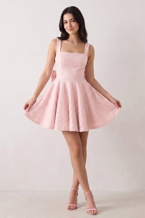 Pink Sparkly Square Neck A-Line Sequin Ruched Homecoming Dress with Bow (3) | SHEISME