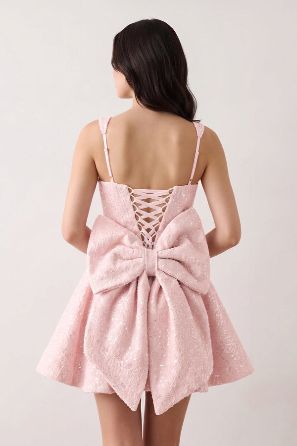 Pink Sparkly Square Neck A-Line Sequin Ruched Homecoming Dress with Bow (2) | SHEISME