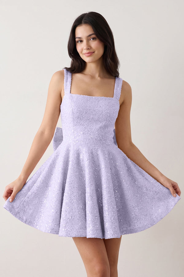 Lavender Sparkly Square Neck A-Line Sequin Ruched Homecoming Dress with Bow | SHEISME