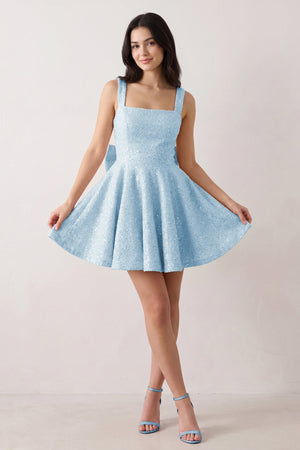 Blue Sparkly Square Neck A-Line Sequin Ruched Homecoming Dress with Bow (3) | SHEISME