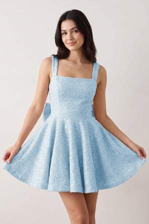 Blue Sparkly Square Neck A-Line Sequin Ruched Homecoming Dress with Bow | SHEISME