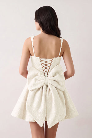 Ivory Sparkly Square Neck A-Line Sequin Ruched Homecoming Dress with Bow (2) | SHEISME