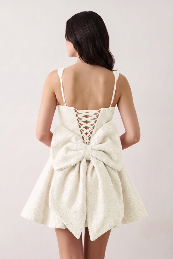 Ivory Sparkly Square Neck A-Line Sequin Ruched Homecoming Dress with Bow (2) | SHEISME