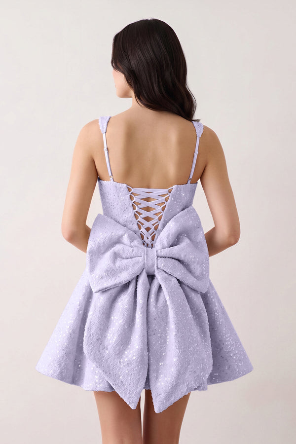 Lavender Sparkly Square Neck A-Line Sequin Ruched Homecoming Dress with Bow (2) | SHEISME