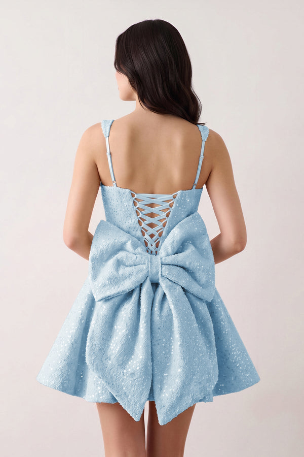 Blue Sparkly Square Neck A-Line Sequin Ruched Homecoming Dress with Bow (2) | SHEISME