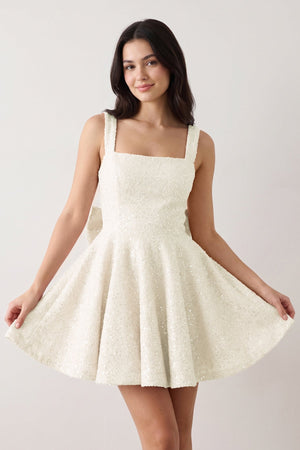 Ivory Sparkly Square Neck A-Line Sequin Ruched Homecoming Dress with Bow | SHEISME