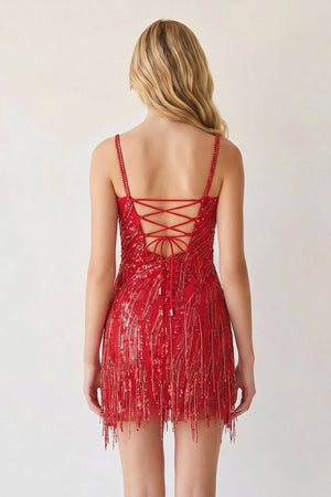 Red Sparkly Sheath Spaghetti Straps Mini Party Dresses with Tassel - SHEISME