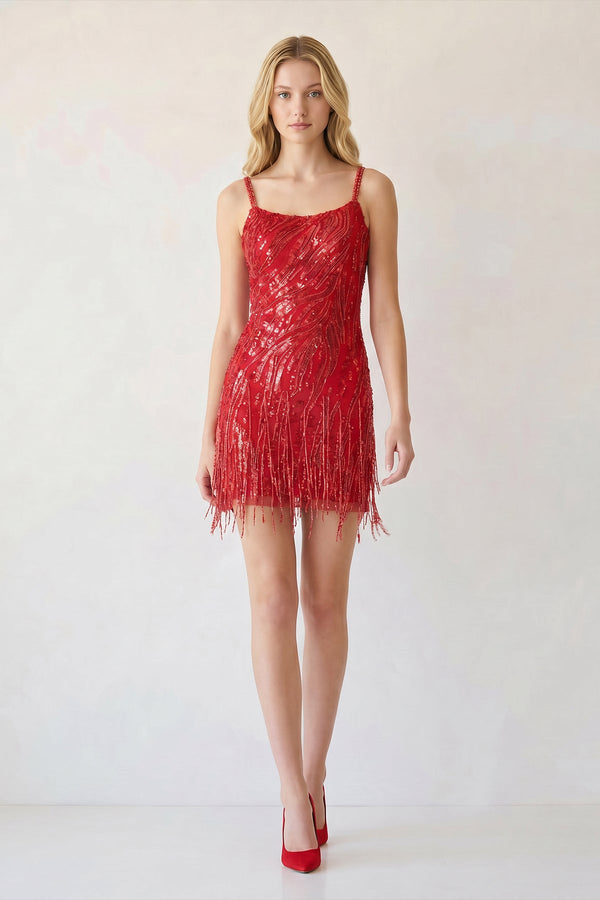 Red Sparkly Sheath Spaghetti Straps Mini Party Dresses with Tassel - SHEISME