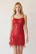 Red Sparkly Sheath Spaghetti Straps Mini Party Dresses with Tassel - SHEISME