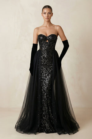 Sparkly Sweetheart Sequined Keyhole Wedding Dress With Tulle Train in Black - SHE IS ME Wedding Dresses