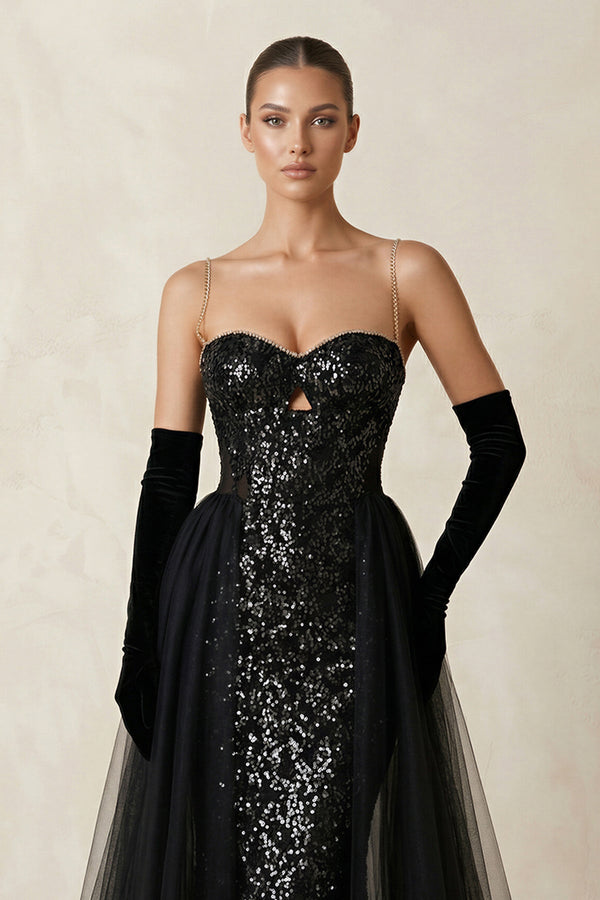Sparkly Sweetheart Sequined Keyhole Wedding Dress With Tulle Train in Black - SHE IS ME Wedding Dresses