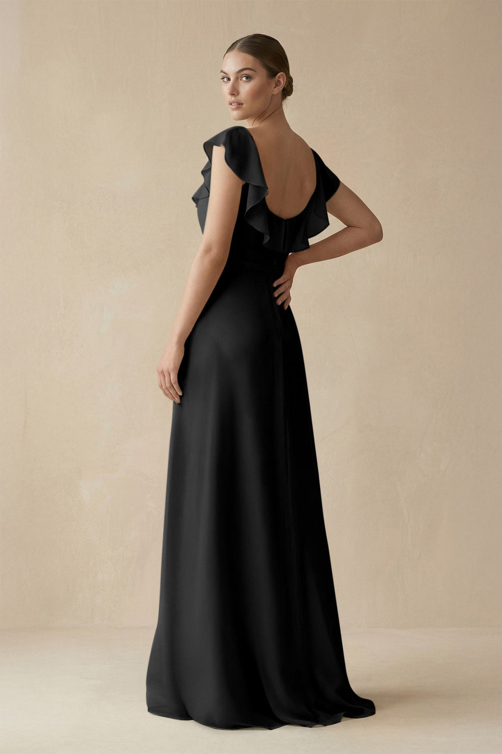 Square Neck A - Line Bridesmaid Dress with Ruffles in Black - SHE IS ME Bridesmaid Dresses