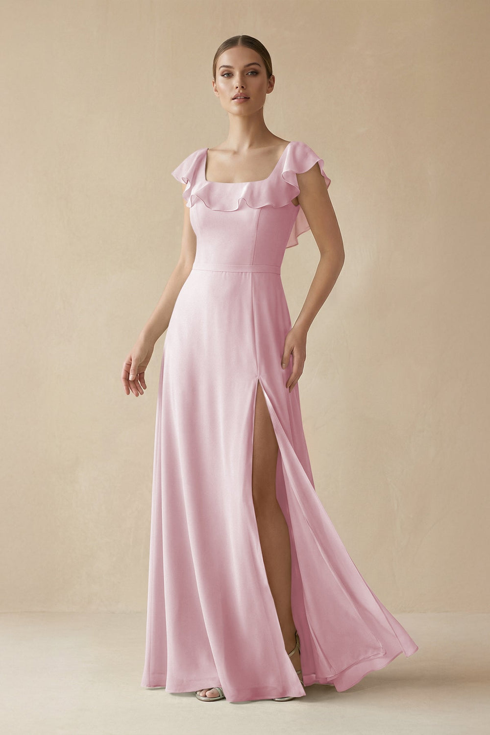 Square Neck A - Line Bridesmaid Dress with Ruffles in Candy Pink - SHE IS ME Bridesmaid Dresses
