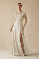 Square Neck A - Line Bridesmaid Dress with Ruffles in Dove Gray - SHE IS ME Bridesmaid Dresses