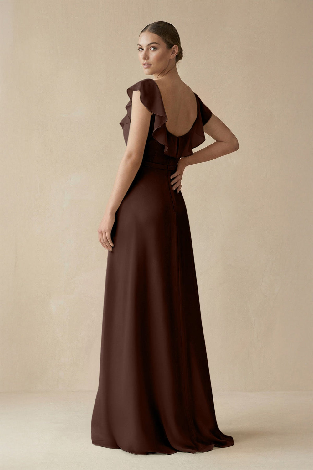 Square Neck A - Line Bridesmaid Dress with Ruffles in Espresso - SHE IS ME Bridesmaid Dresses