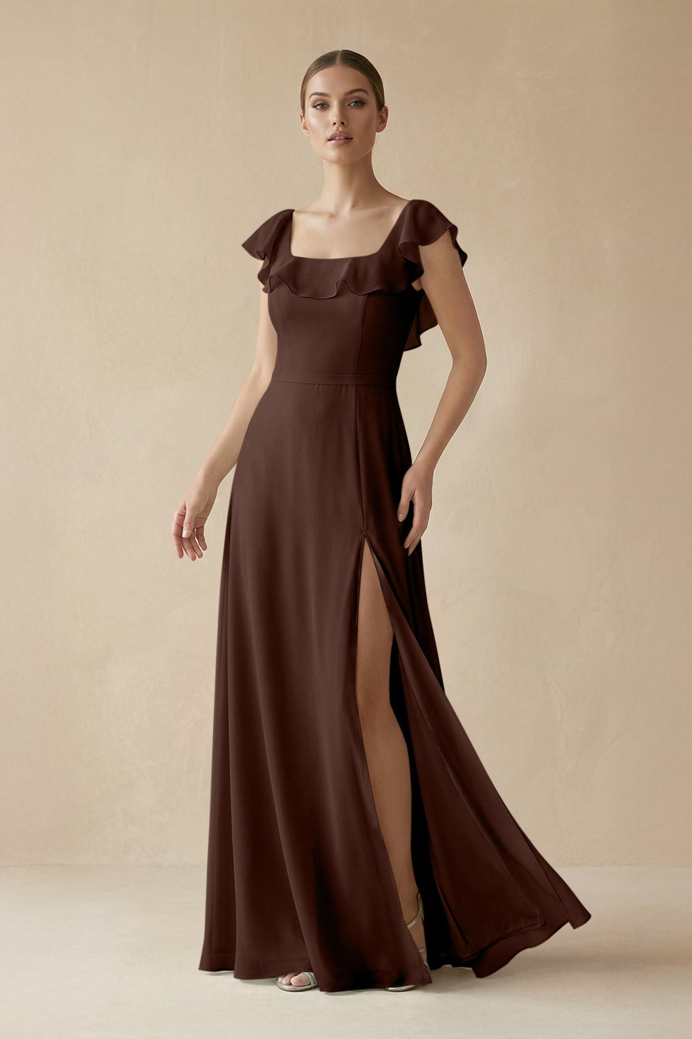 Square Neck A - Line Bridesmaid Dress with Ruffles in Espresso - SHE IS ME Bridesmaid Dresses