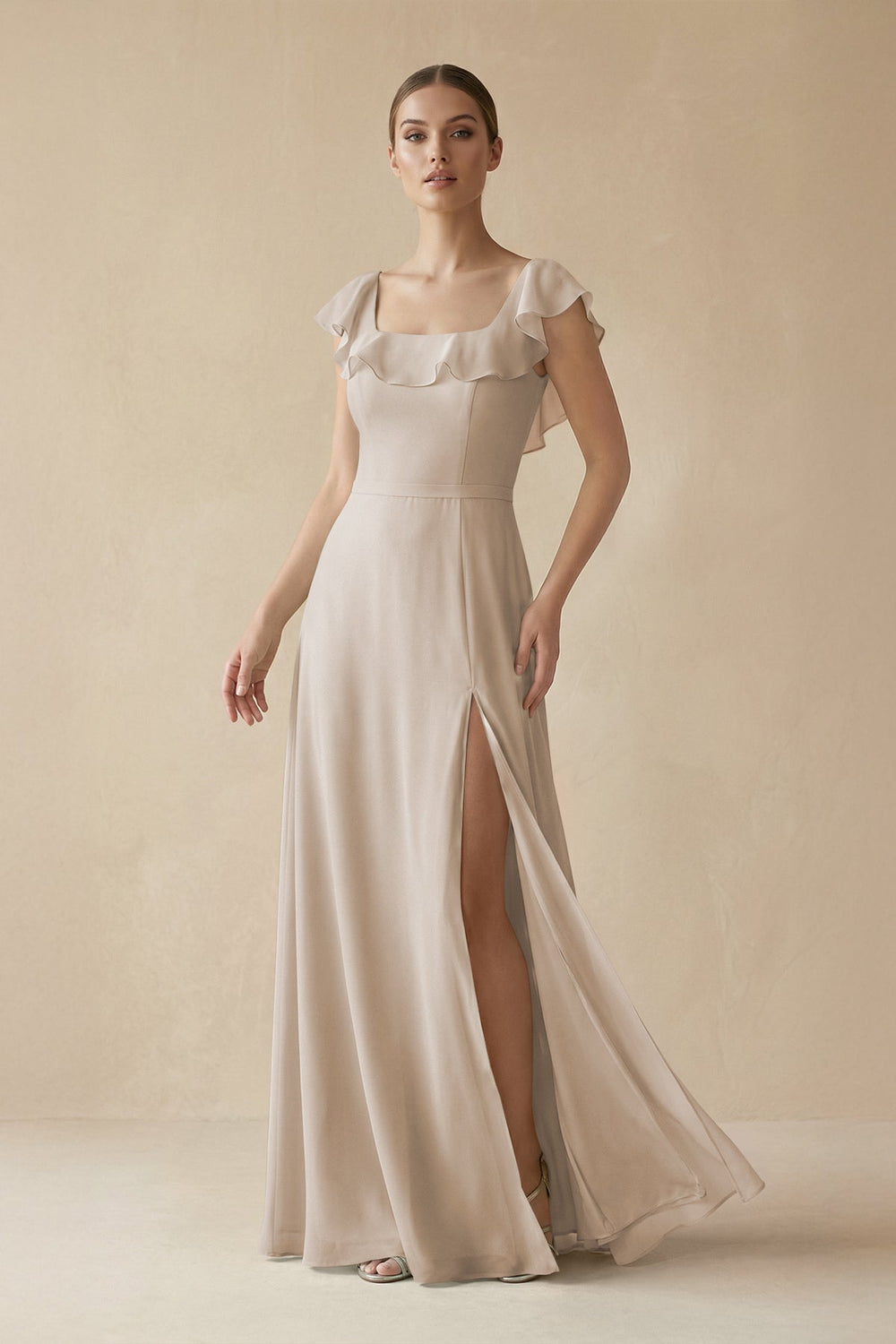 Square Neck A - Line Bridesmaid Dress with Ruffles in Frost - SHE IS ME Bridesmaid Dresses
