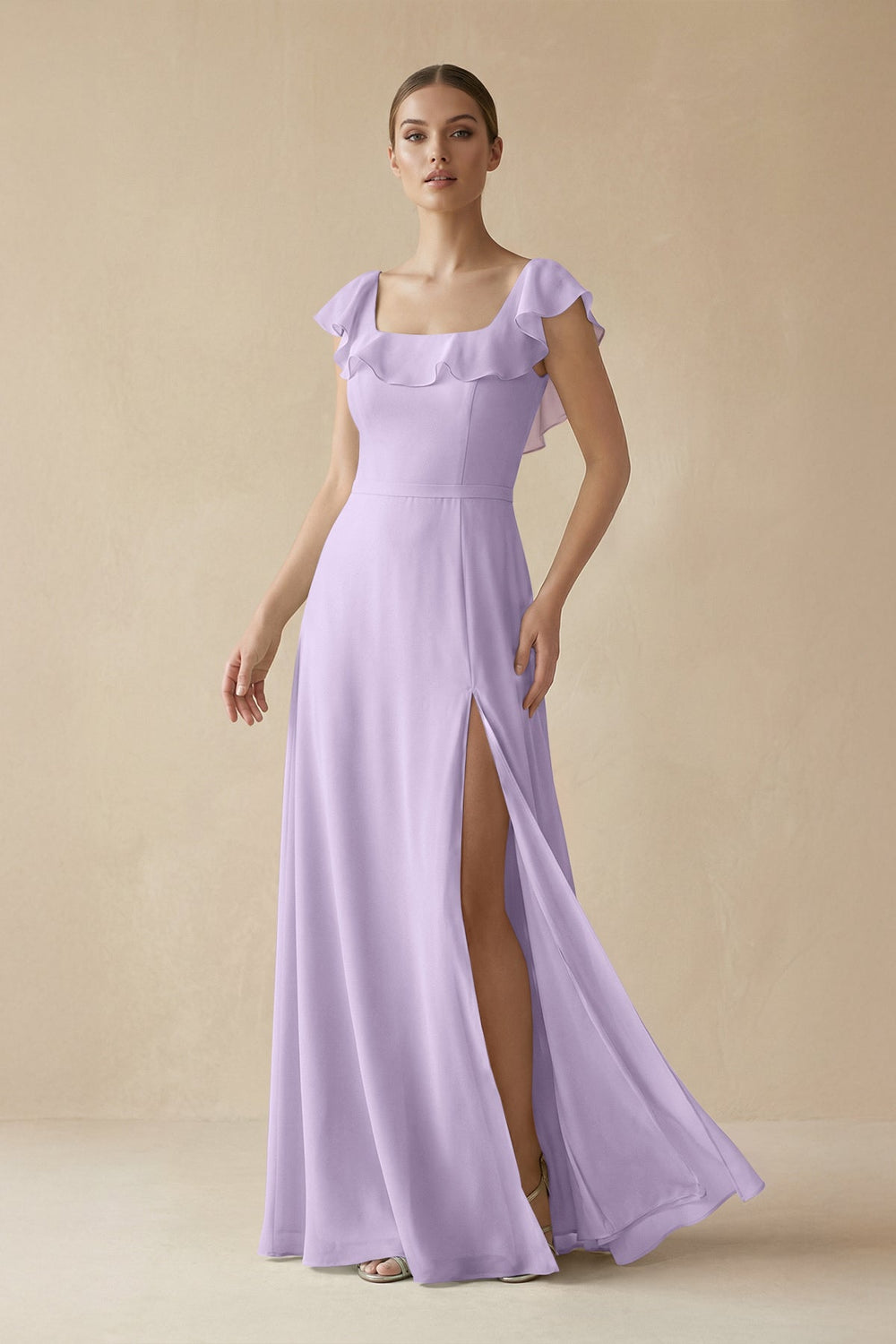 Square Neck A - Line Bridesmaid Dress with Ruffles in Lavender - SHE IS ME Bridesmaid Dresses