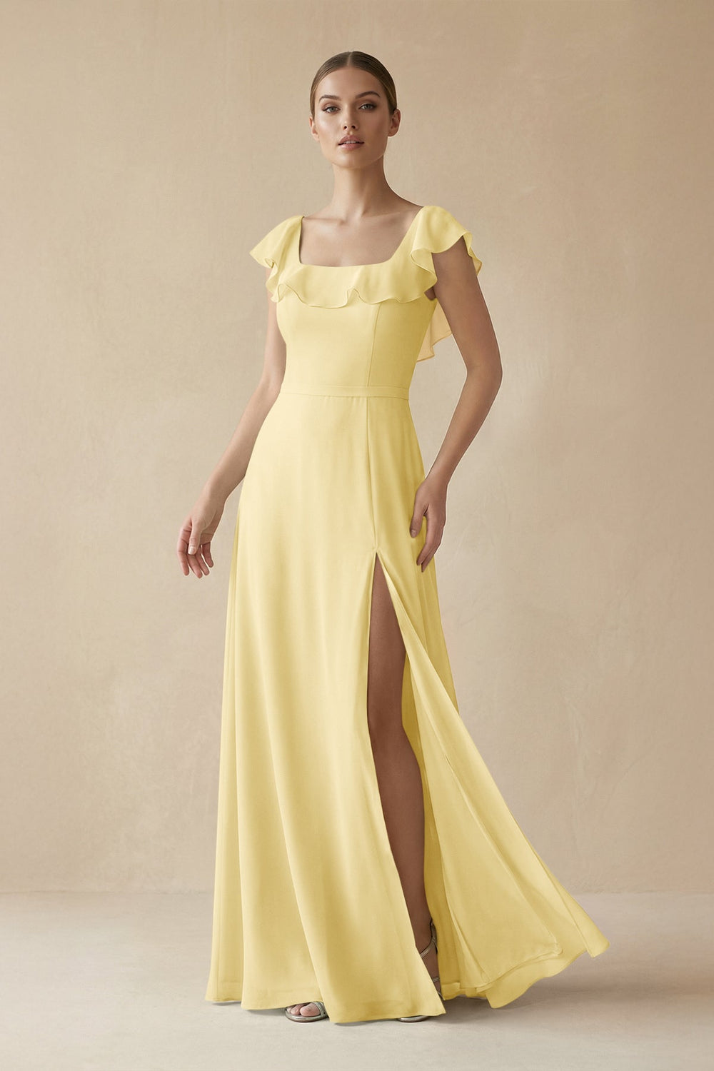 Square Neck A - Line Bridesmaid Dress with Ruffles in Pastel Yellow - SHE IS ME Bridesmaid Dresses