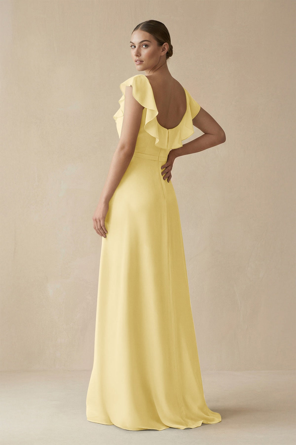 Square Neck A - Line Bridesmaid Dress with Ruffles in Pastel Yellow - SHE IS ME Bridesmaid Dresses