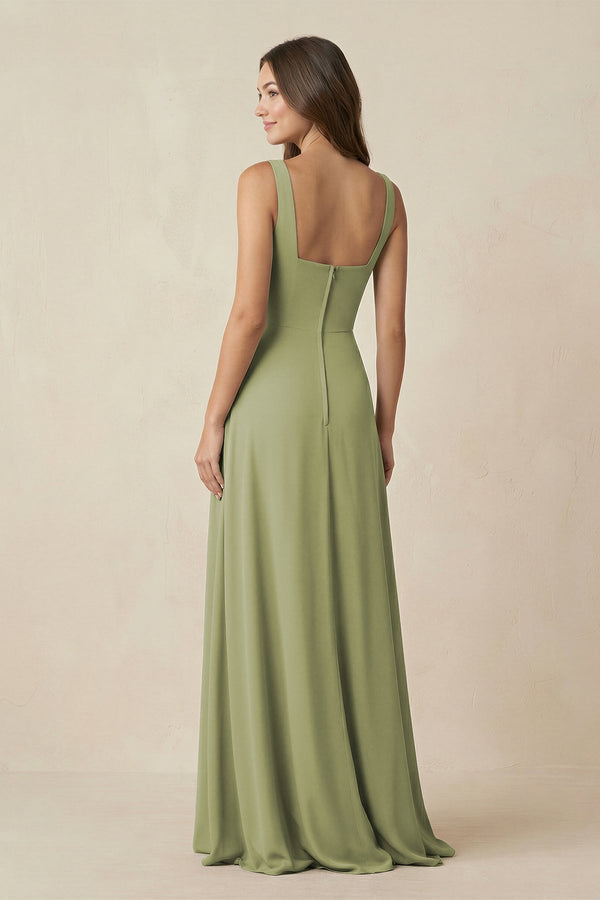 Square Neck A-Line Bridesmaid Dress With Slit in Moss Green - SHE IS ME BRIDESMAID DRESSES