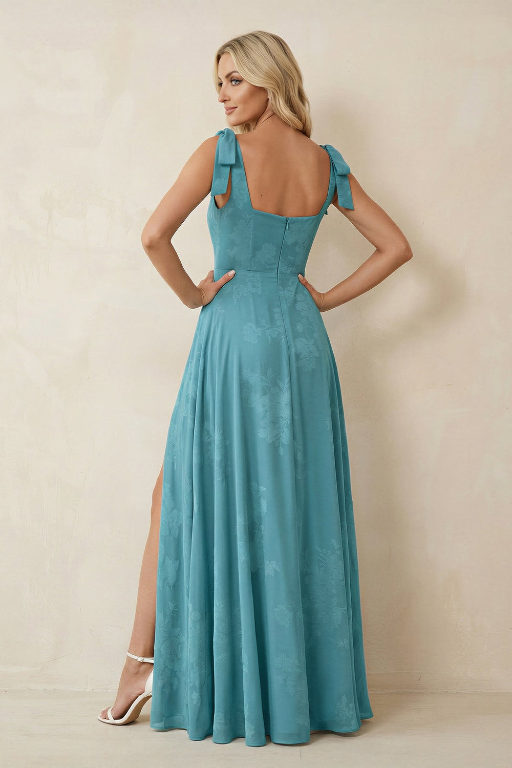 Square Neck A - Line Floral Printed Chiffon Bridesmaid Dress in Adriatic Blue - SHE IS ME Bridesmaid Dresses
