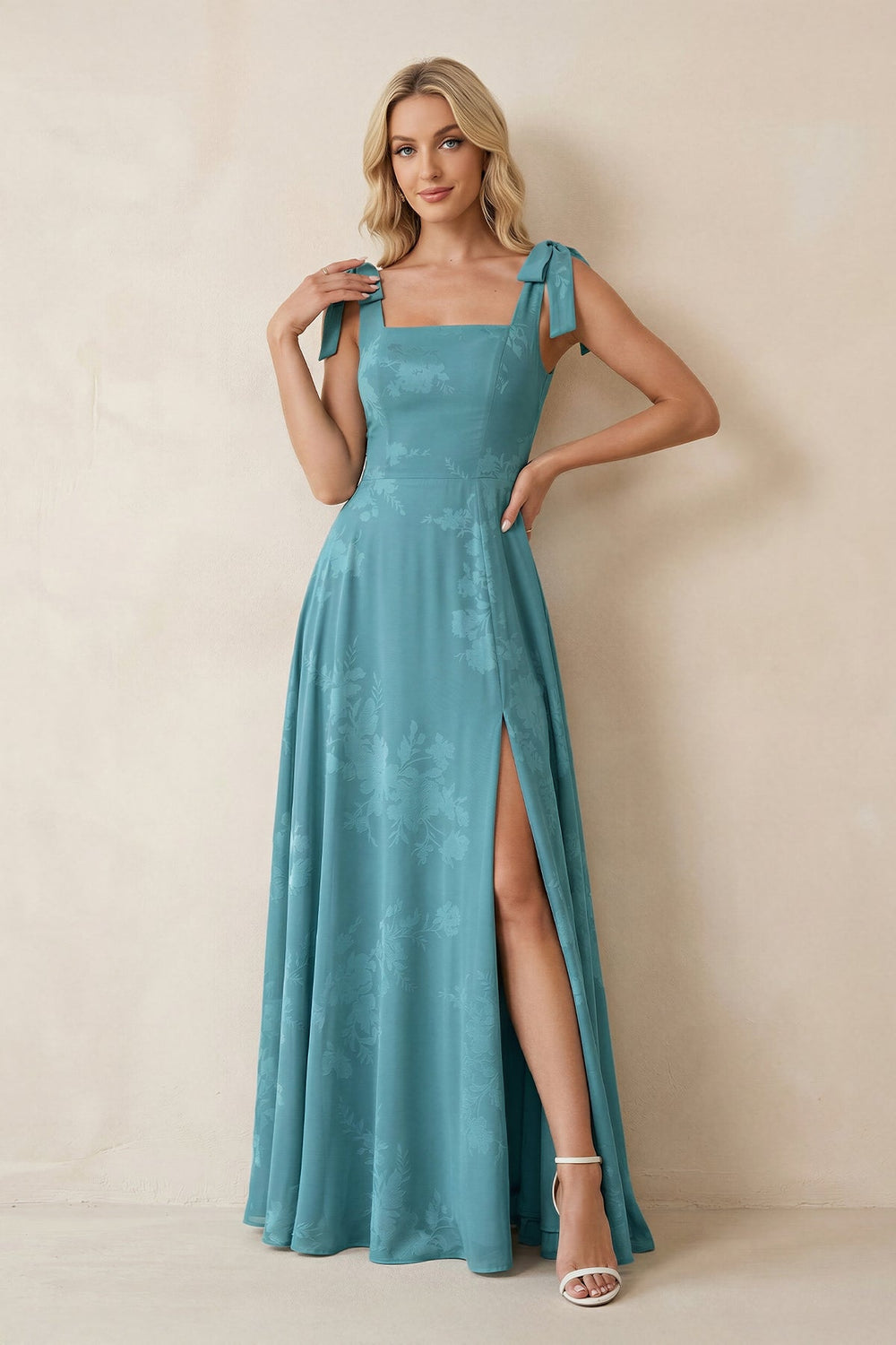 Square Neck A - Line Floral Printed Chiffon Bridesmaid Dress in Adriatic Blue - SHE IS ME Bridesmaid Dresses
