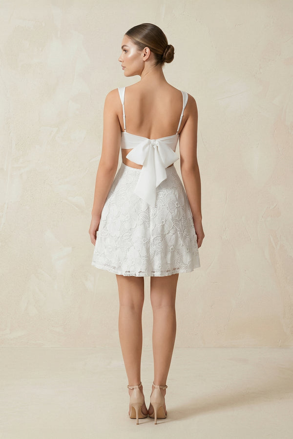 Square Neck A - Line Lace Mini Wedding Dress in White - SHE IS ME Wedding Dresses