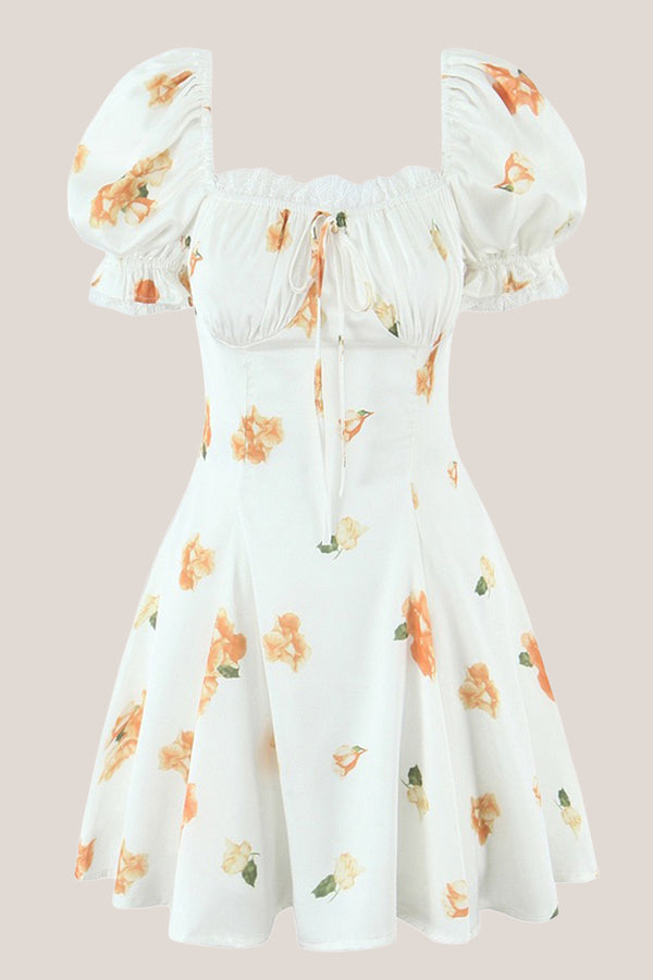Square Neck A-Line Printed Mini Dress in White– SHE IS ME Dresses