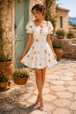 Square Neck A-Line Printed Mini Dress in White– SHE IS ME Dresses