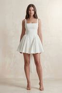 Square Neck A - Line Ruffled Mini Wedding Dress With Back Bow in Ivory - SHE IS ME Wedding Dresses