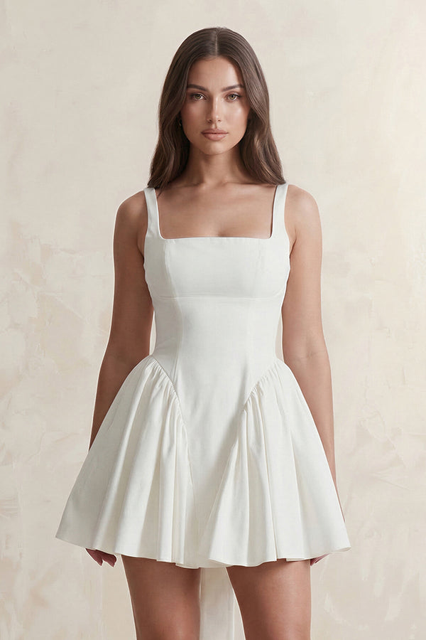 Square Neck A - Line Ruffled Mini Wedding Dress With Back Bow in Ivory - SHE IS ME Wedding Dresses