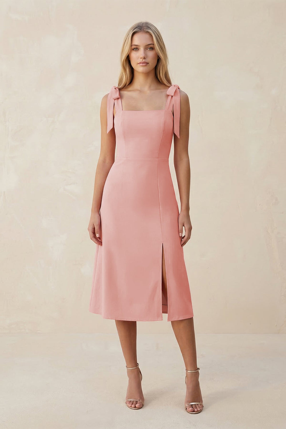 Square Neck A - Line Satin Midi Bridesmaid Dress With Bow in Rose Petal - SHE IS ME Bridesmaid Dresses