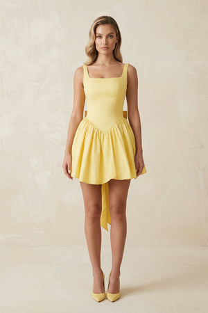 Square Neck A Line Satin Mini Dress with Back Bow in Yellow - SHE IS ME Prom Dresses