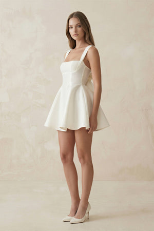 Square Neck A - Line Satin Mini Wedding Dress With Bow in Ivory - SHE IS ME Wedding Dresses