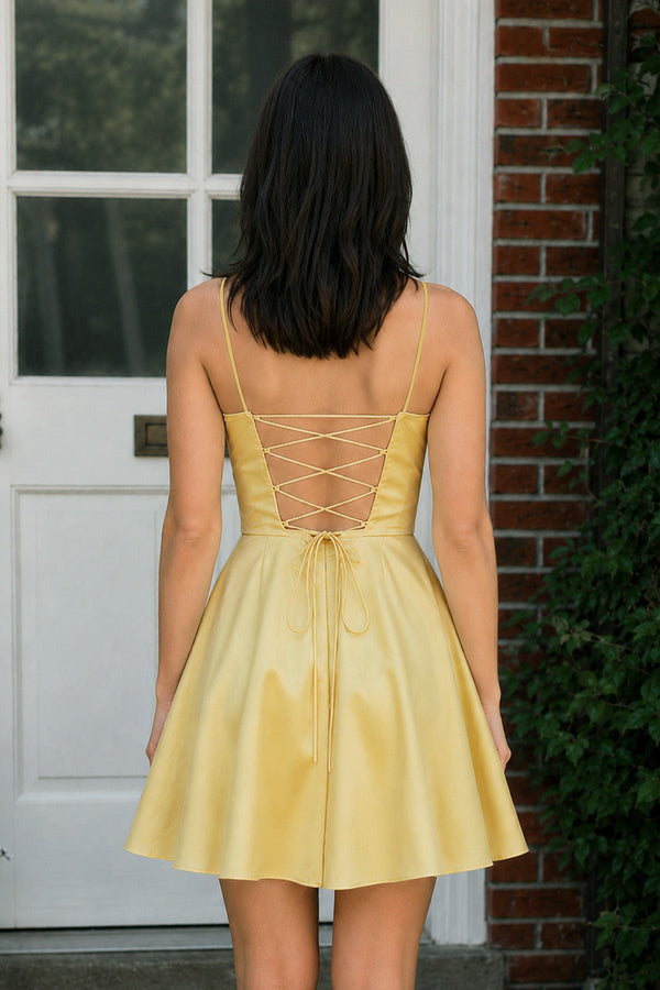 Yellow Square Neck A Line Sleeveless Satin Short Homecoming Dress - SHEISME