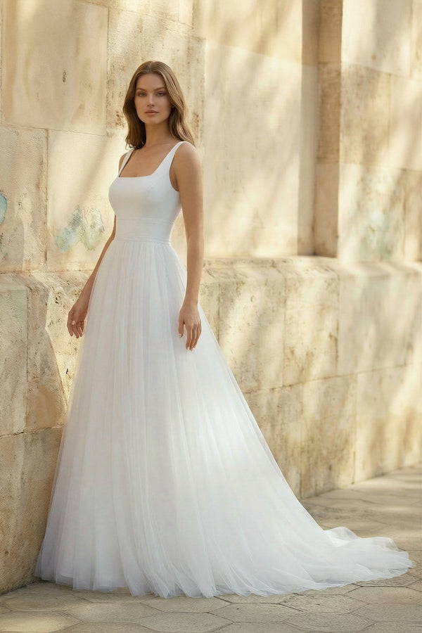 Square Neck A Line Tulle Wedding Dress in White - SHE IS ME Wedding Dresses